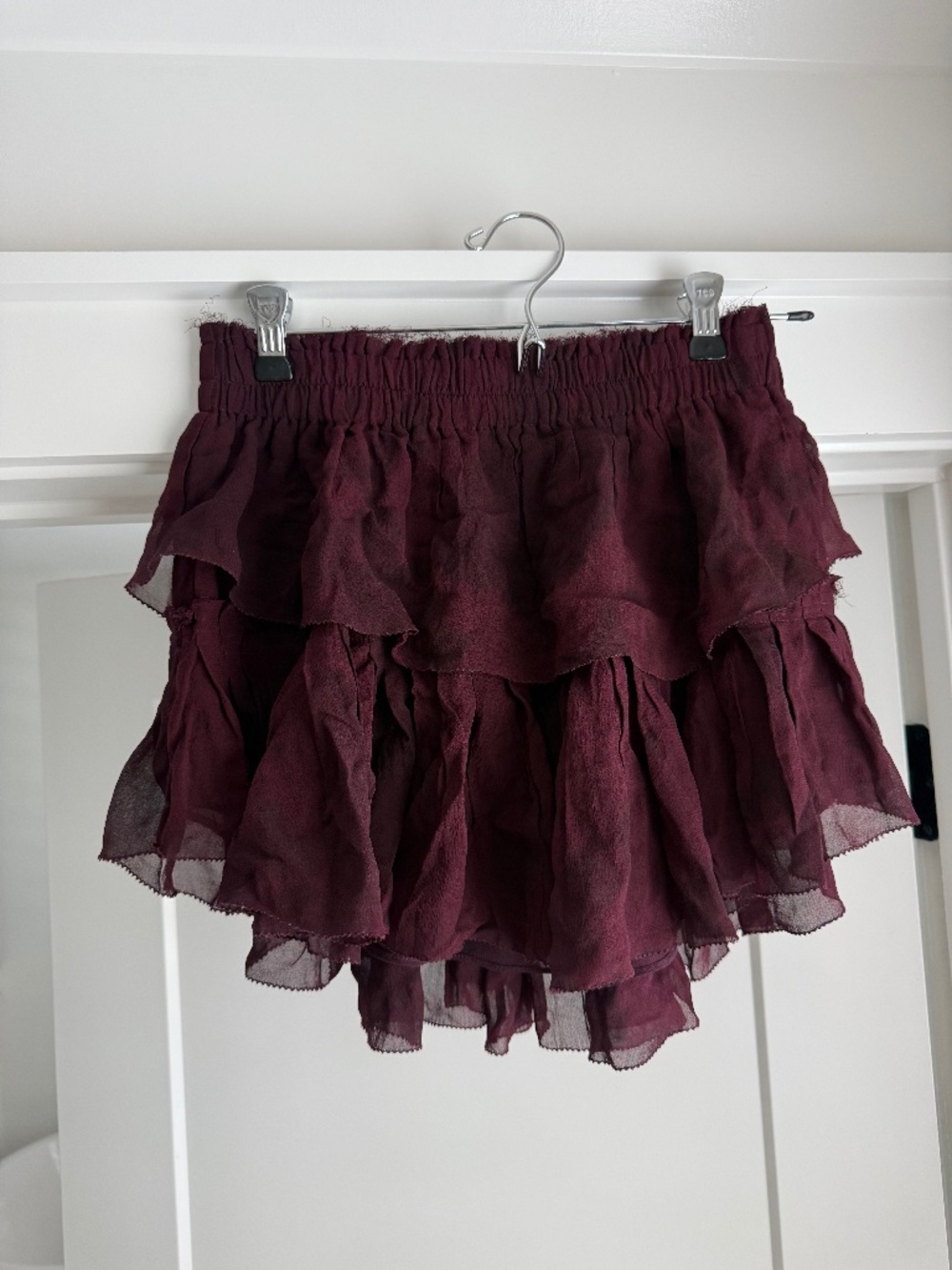 LoveShackFancy Burgundy Tiered Ruffle Mini Skirt XS Silk Blend